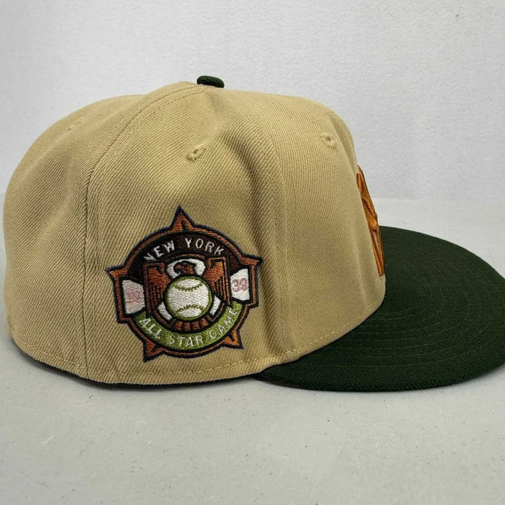 New Era 59FIFTY Fitted Hat‎ Mens Size 8 Tan Green NY Yankees All Star Game Patch